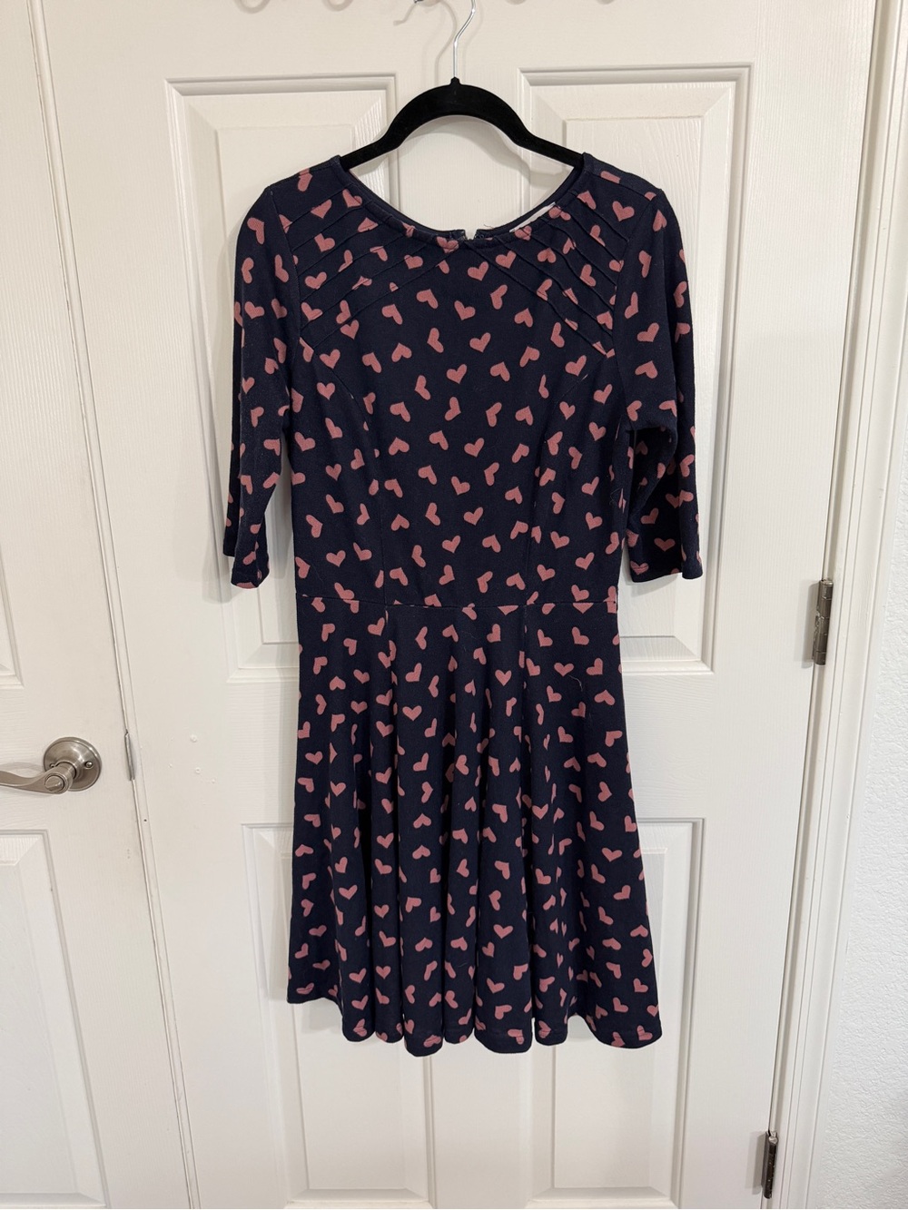 Unique Vintage L 10/12 Navy Pink Heart Fit & Flare Dress Retro Pinup Valentine